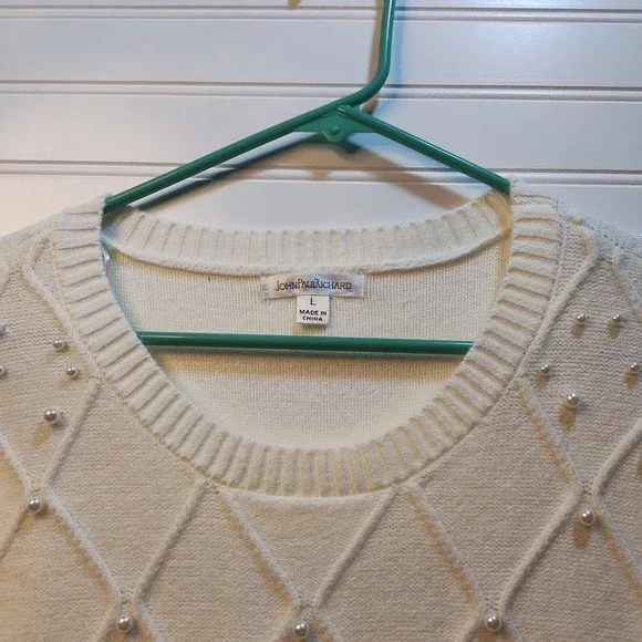 John Paul Richard Women's Cream Pearl Embellished Diamond Knit Sweater Size L - Picture 3 of 9